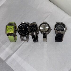 Set of 5 Women’s Watches Black and Silver Watch with Crystal Accents & one green